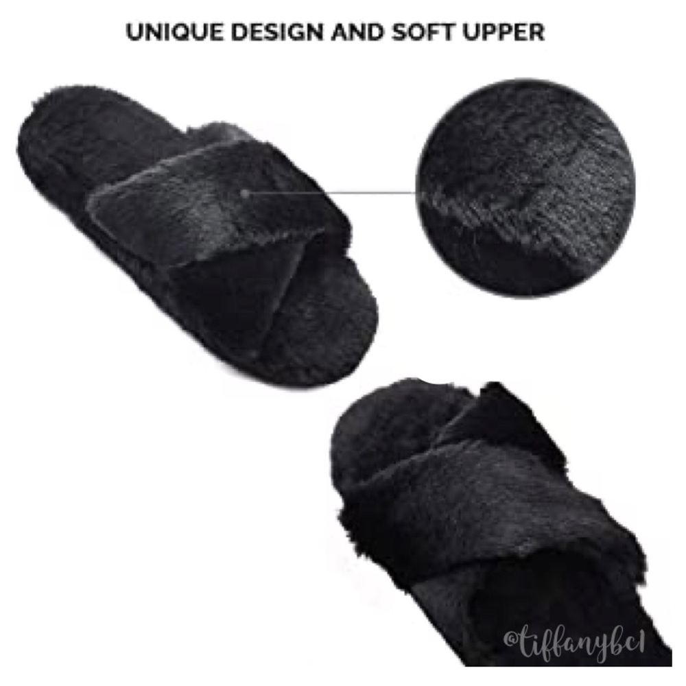 Plush Fuzzy Cross Band House Slippers Black - Picture 3 of 8